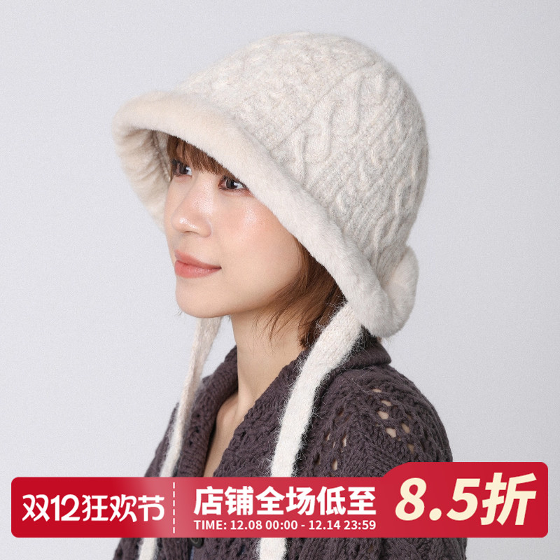 毛绒绑带卷边渔夫帽保暖护耳盆帽