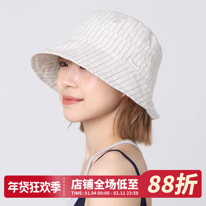 日系条纹白色亚麻渔夫帽女2026夏季新款大头围水桶帽遮阳防晒盆帽