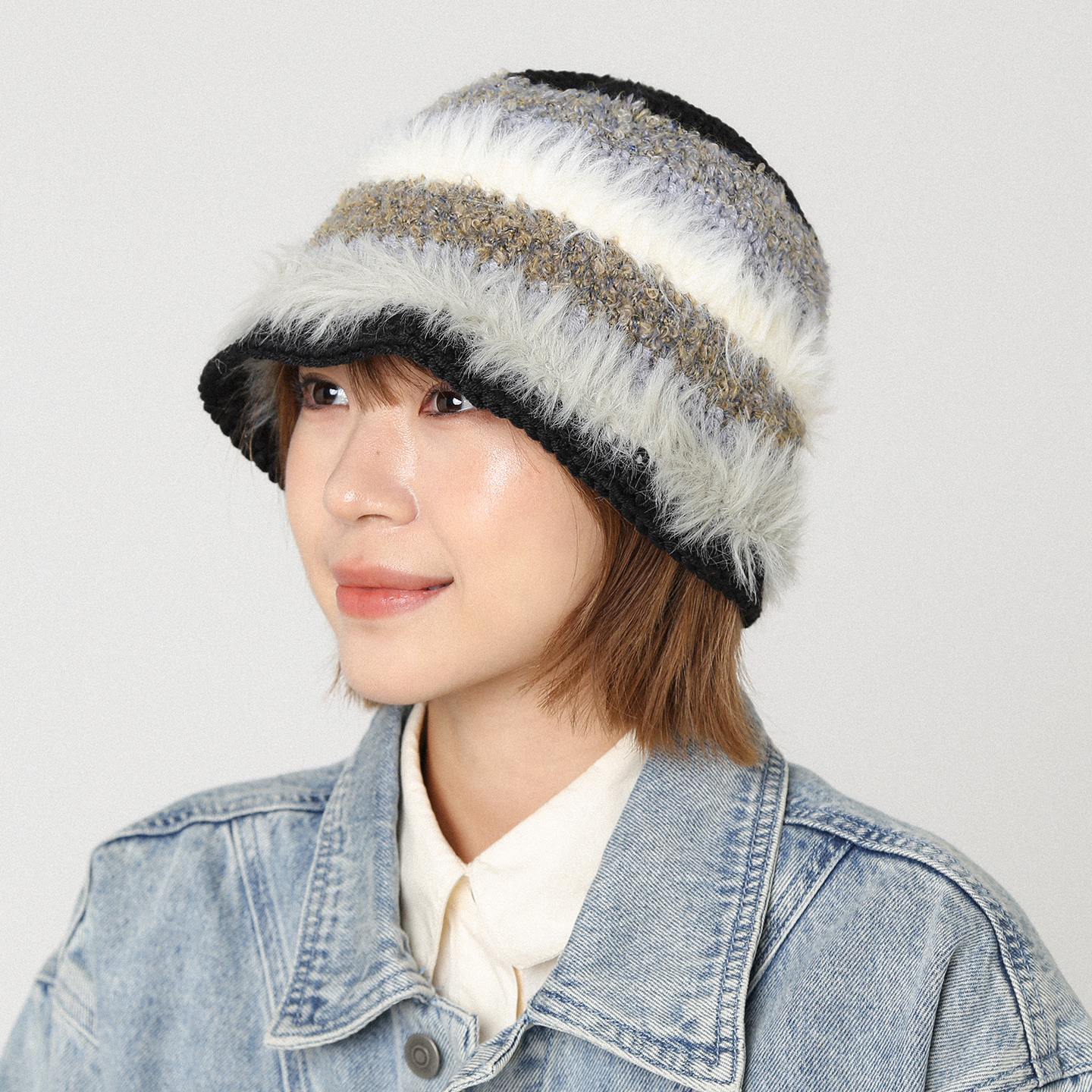 毛绒拼色针织包头帽护耳毛线帽