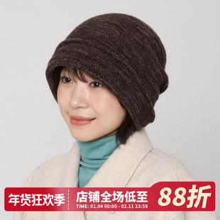 咖色纯羊毛冷帽女冬季大头围堆堆帽复古包头帽百搭保暖护耳针织帽