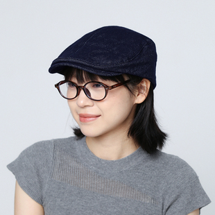 前进帽鸭舌帽新款 贝雷帽报童帽子画家帽 复古藏蓝色牛仔帽女款 美式