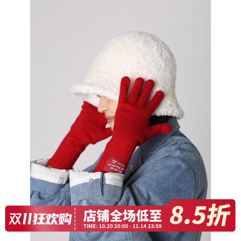 新年新款红色针织羊毛触屏手套