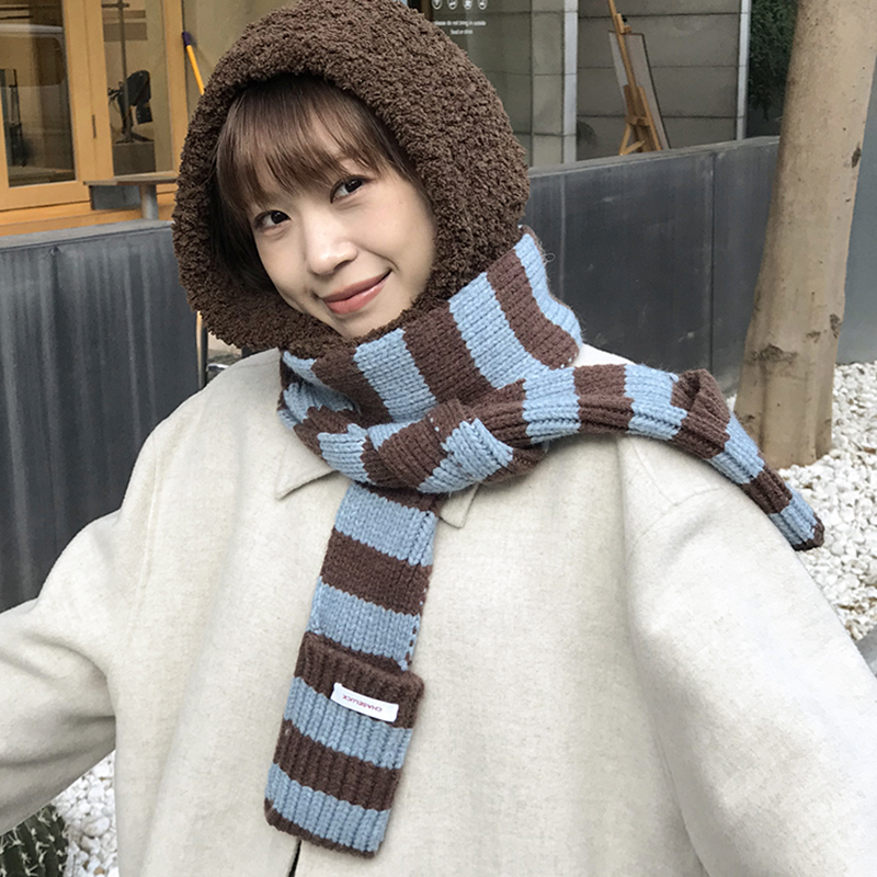 CHASELUCK长乐韩系蓝咖条纹围巾