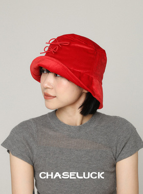红色蝴蝶结渔夫帽复古丝绒夏季防晒帽新款遮阳盆帽女小众设计帽子