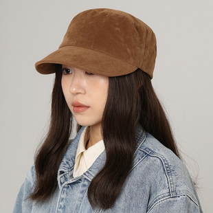 鹿皮绒英伦做旧复古鸭舌帽女秋冬气质马术帽平顶帽大头围海军帽子