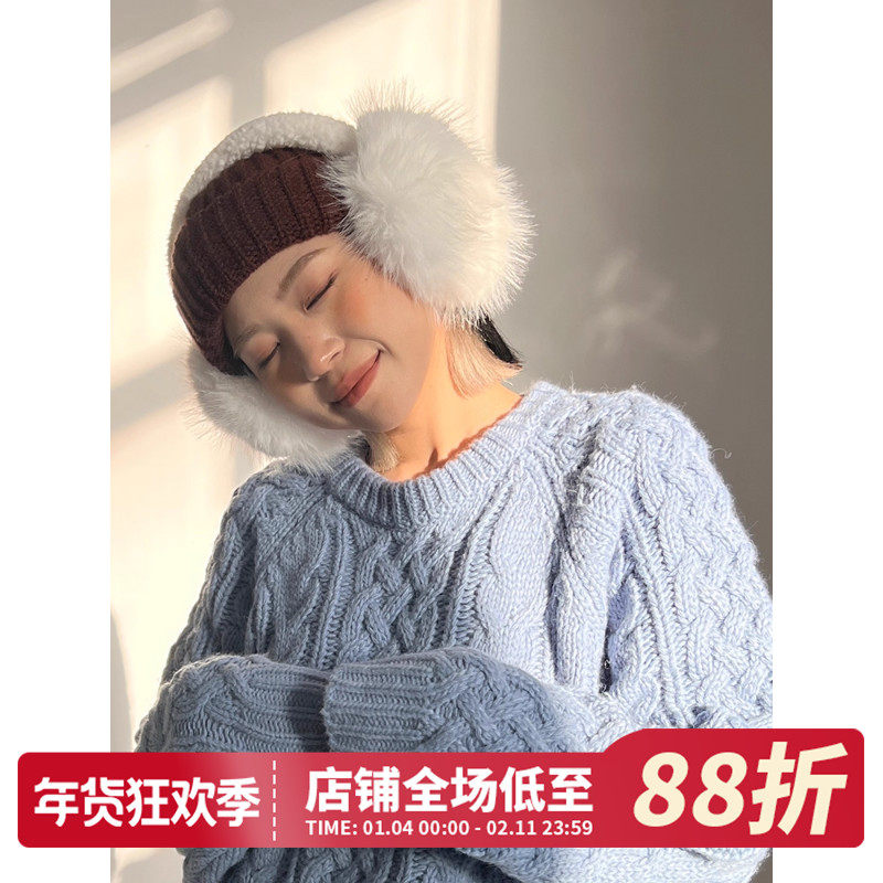 白色兔毛感大号长毛绒骑车保暖折叠耳捂防冻护耳冬季耳罩女耳套包