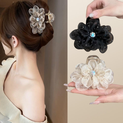 网纱花朵抓夹发饰优雅百搭韩版鲨鱼夹泡泡发夹2025新款中号夹头饰