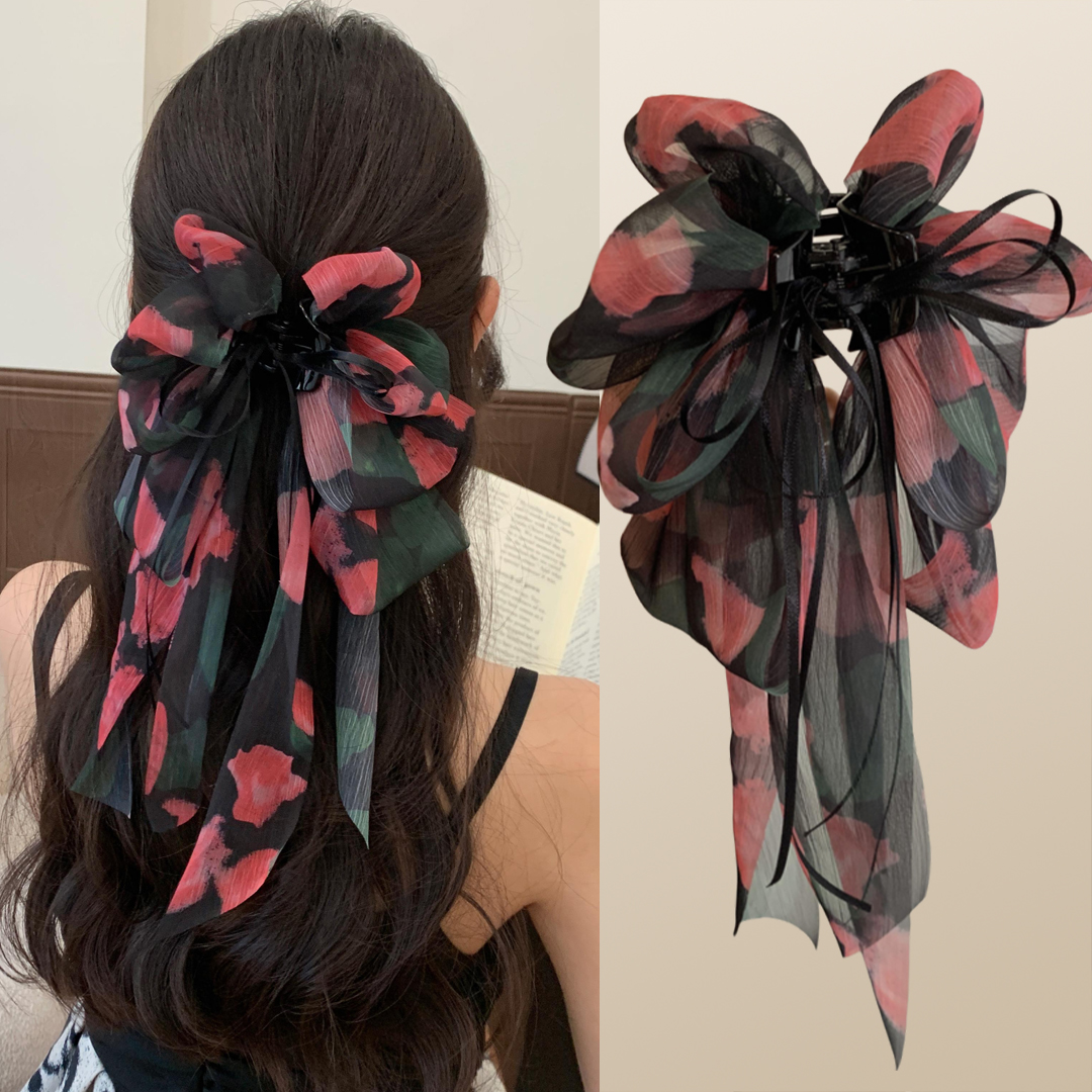 玫瑰碎花网纱后脑勺2025新款半扎