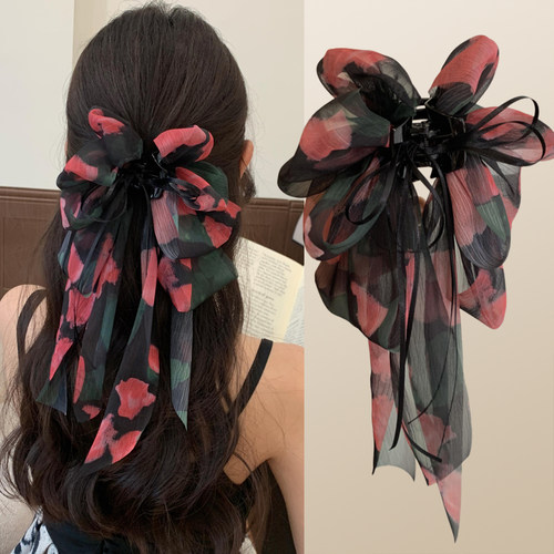 玫瑰碎花网纱后脑勺2025新款半扎