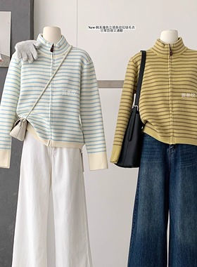 设计感撞色条纹气质拉链长袖毛衣女秋冬季显瘦chic针织衫外套上衣