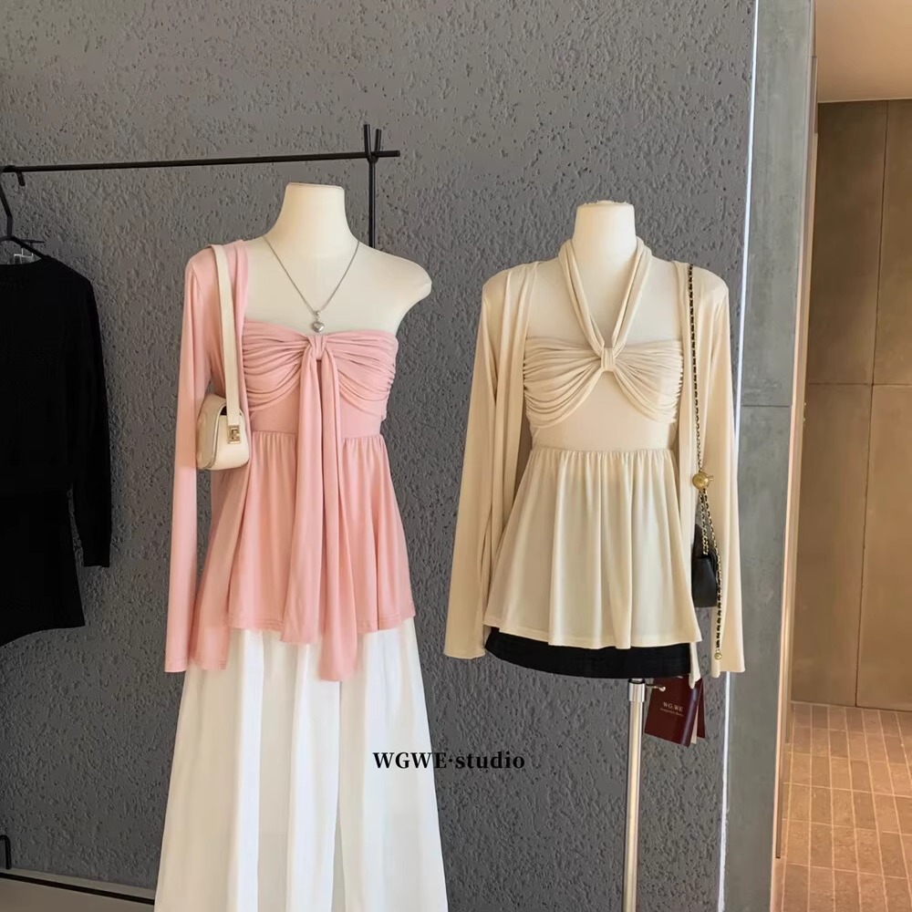 带胸垫挂脖抹胸背心+开衫外套