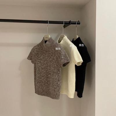 高领气质套头短袖针织衫纯色修身