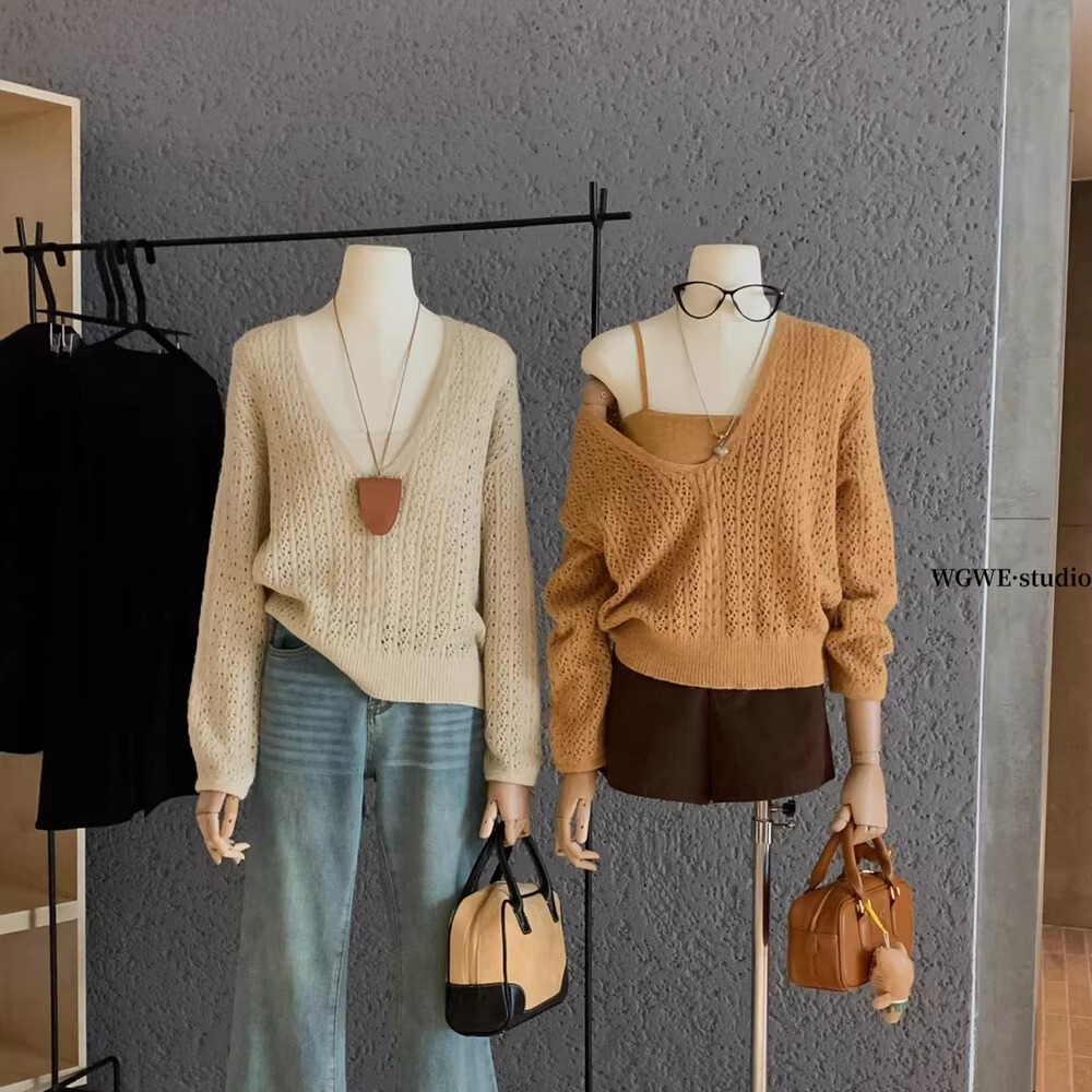 毛镂空绞花针织罩衫上衣+背心