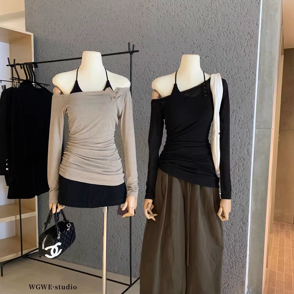 斜肩网纱露肩长袖T恤+背心两件套