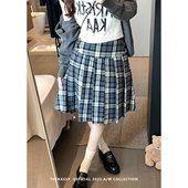 复古撞色格纹毛呢半身裙女2026春季 学院风百褶裙显瘦高腰a字中裙