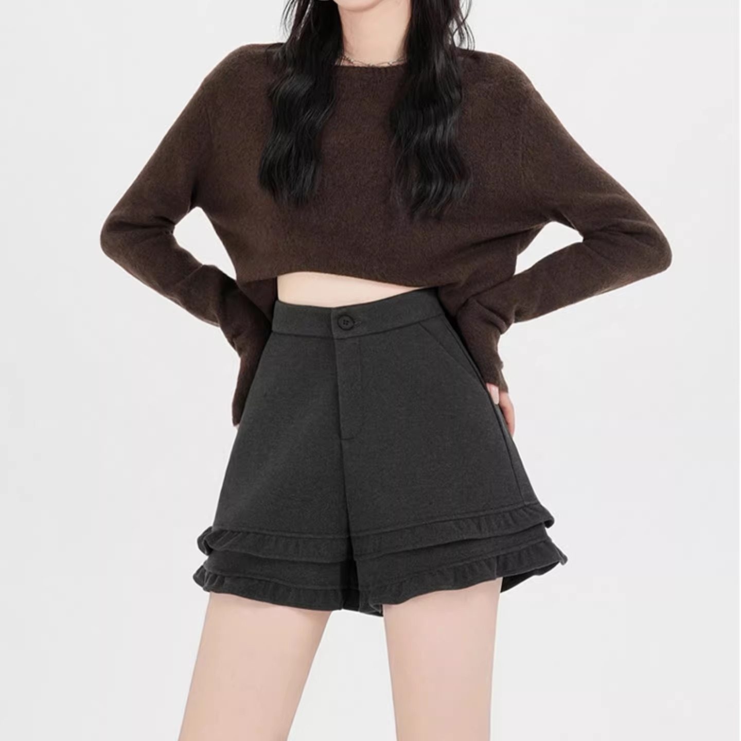 秋冬新款灰色毛呢阔腿短裤女加厚高腰显瘦木耳花边a字外穿靴裤子,女装/女士精品,休闲裤,淘宝优惠券,粉丝福利购,淘宝优惠卷