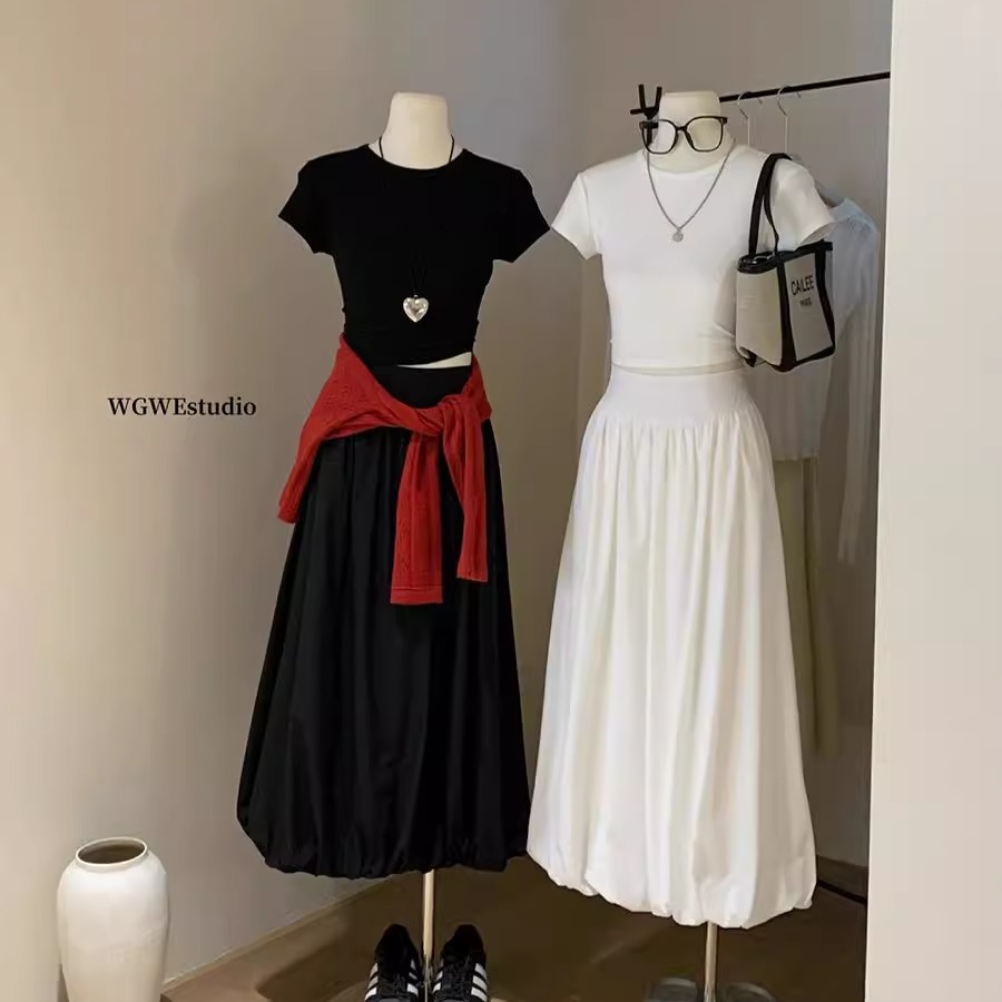 简约短袖T恤上衣慵懒蓬蓬半身裙