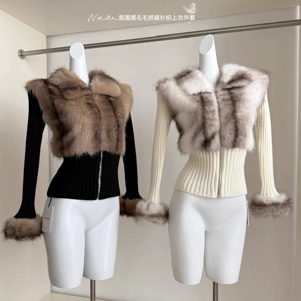 皮草拼接假两件翻领长袖毛衣外套