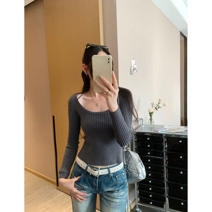 巨好看方领毛衣长袖内搭打底针织衫女2026春季新款T恤绝美小上衣