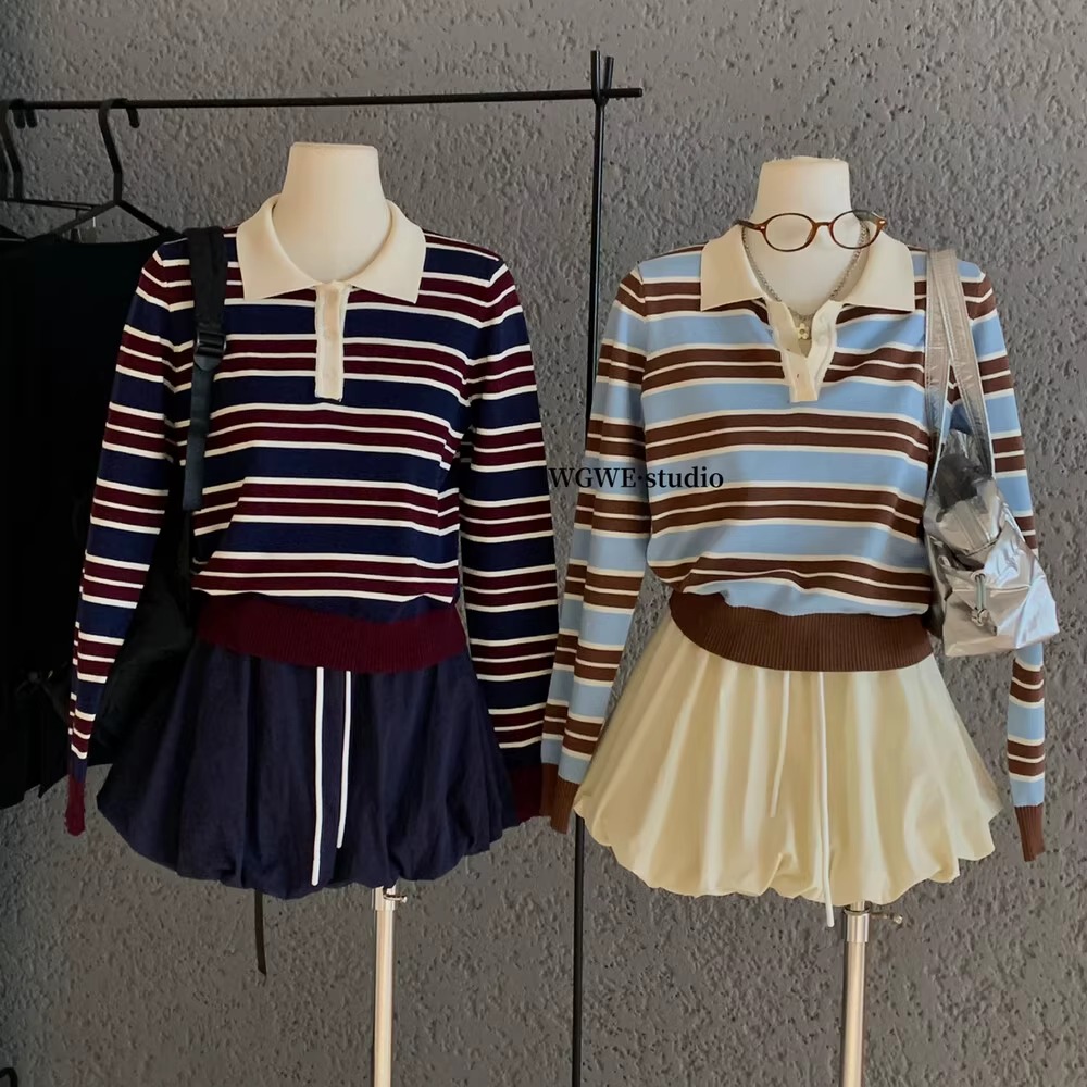 polo条纹针织衫女+蓬蓬半身裙