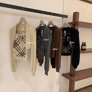 法式甜辣妹格纹毛衣抹胸内搭上衣+长袖针织开衫巨好看早秋两件套