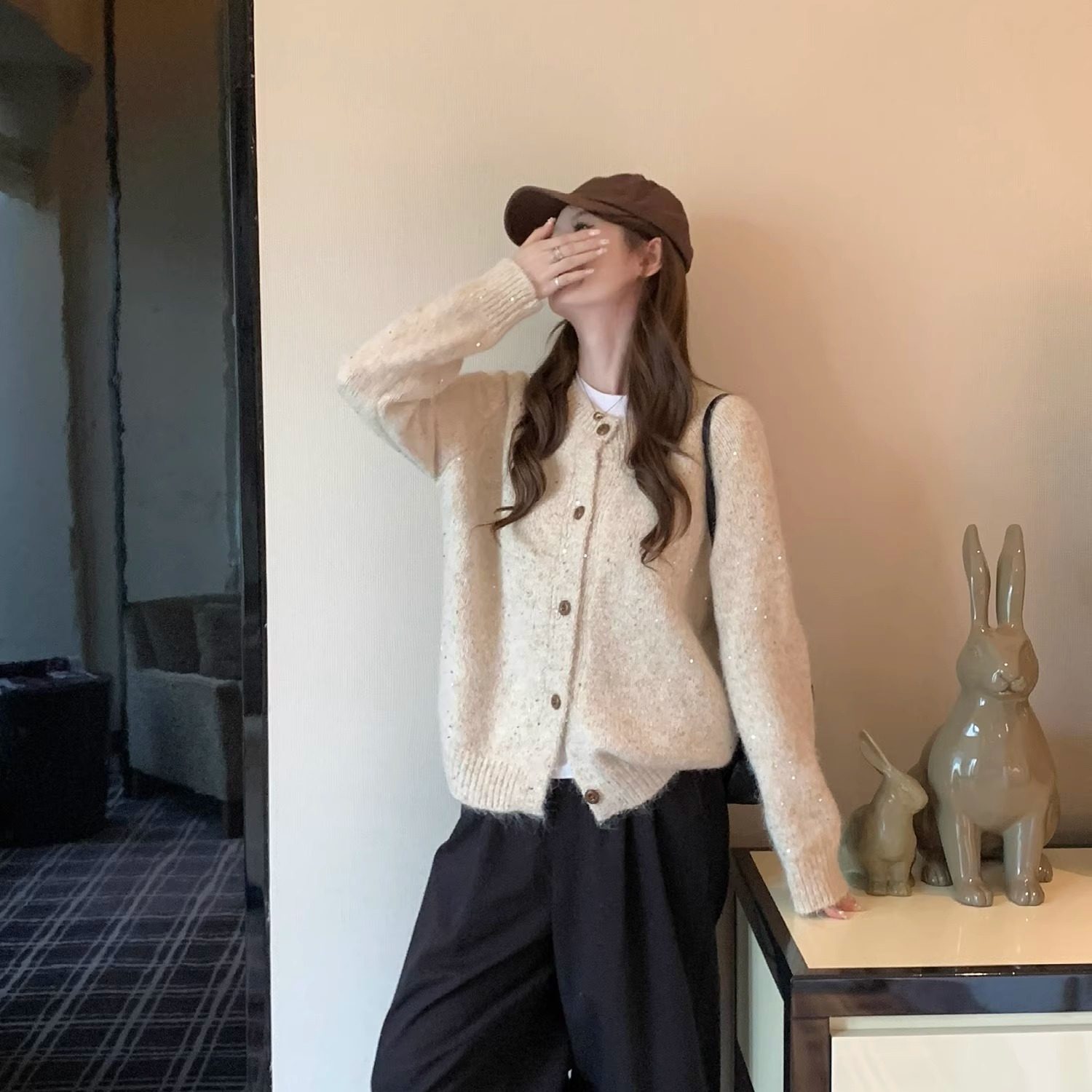 粉色加厚慵懒圆领针织开衫女装秋冬新款绝美巨好看毛衣短外套上衣,女装/女士精品,毛衣,淘宝优惠券,粉丝福利购,淘宝优惠卷