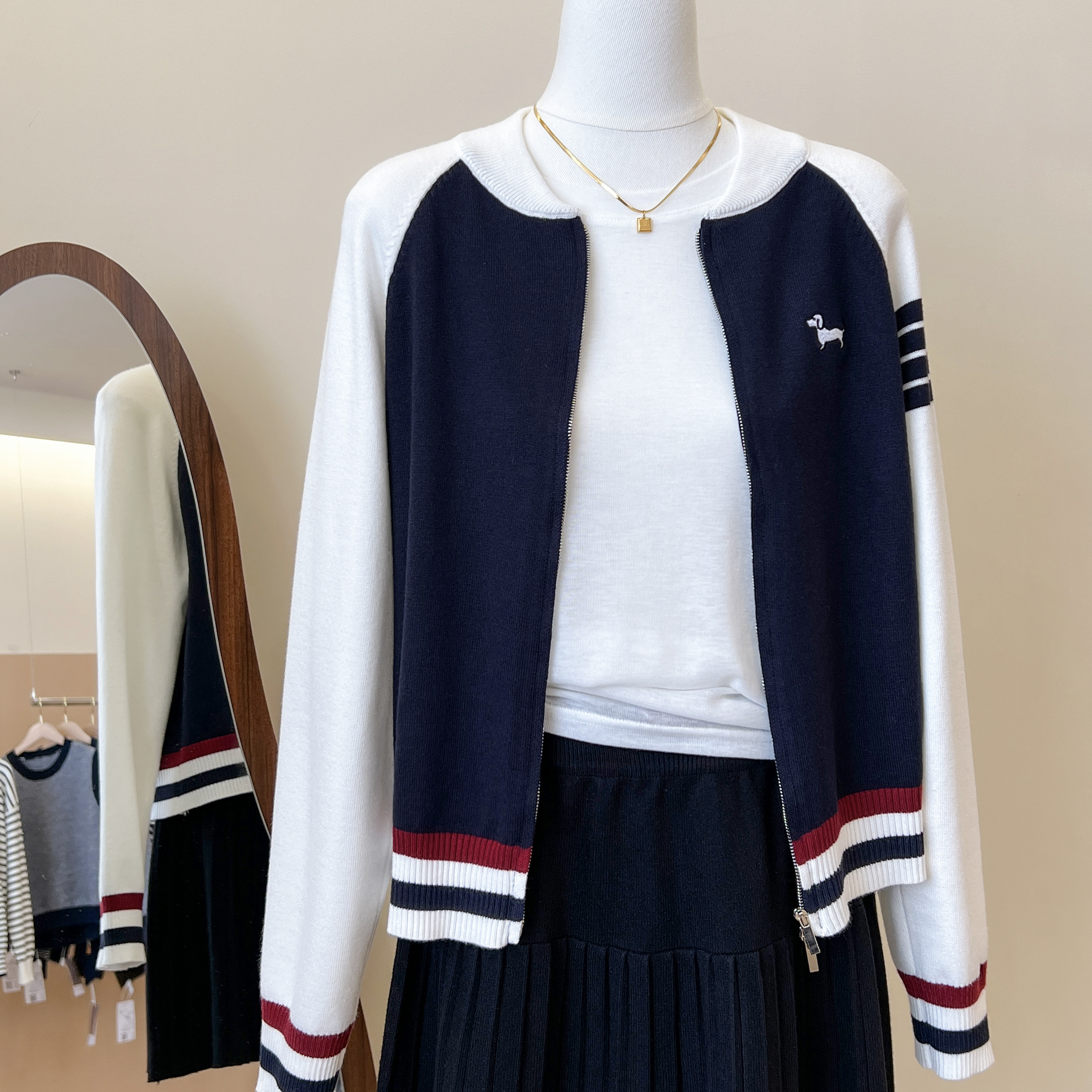 韩系撞色条纹拉链针织开衫女