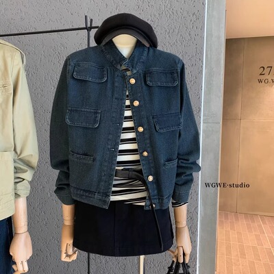 正肩金扣口袋牛仔短外套女秋季