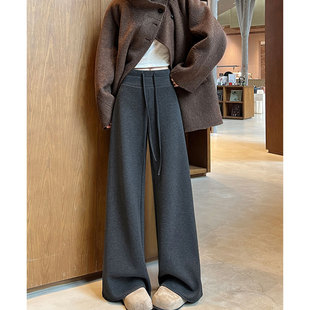 灰色醋酸羊毛糯米裤女春季高腰白色羊绒阔腿裤休闲直筒运动卫裤子