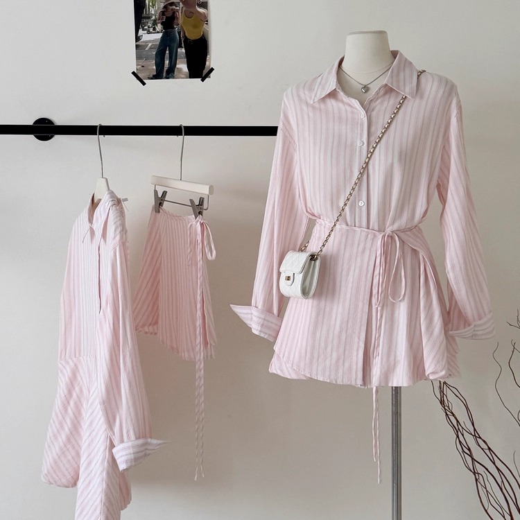 粉色条纹长袖收腰衬衫连衣裙女