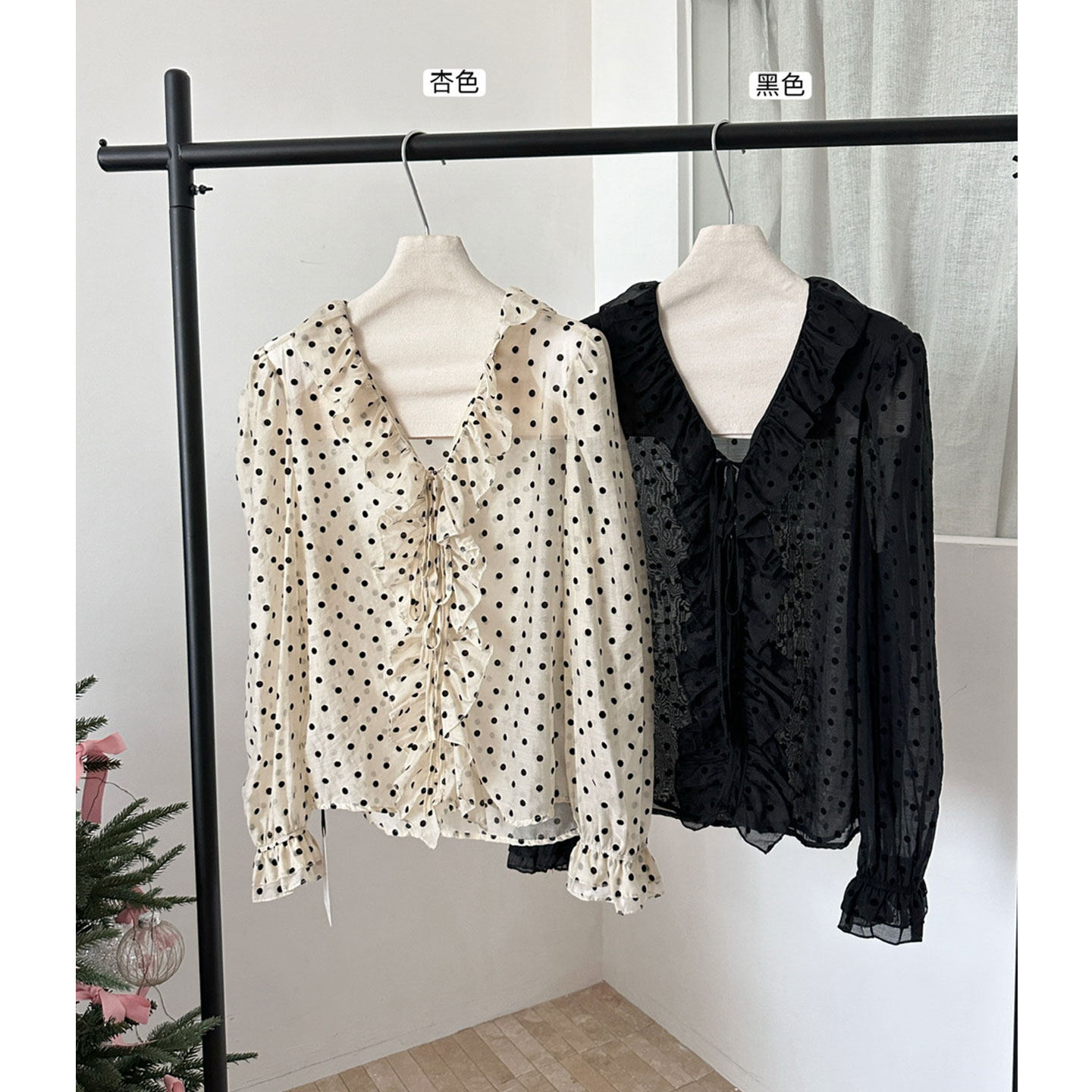 法式浪漫荷叶边雪纺衬衫女秋冬内搭波点泡泡袖长袖衬衣打底衫上衣