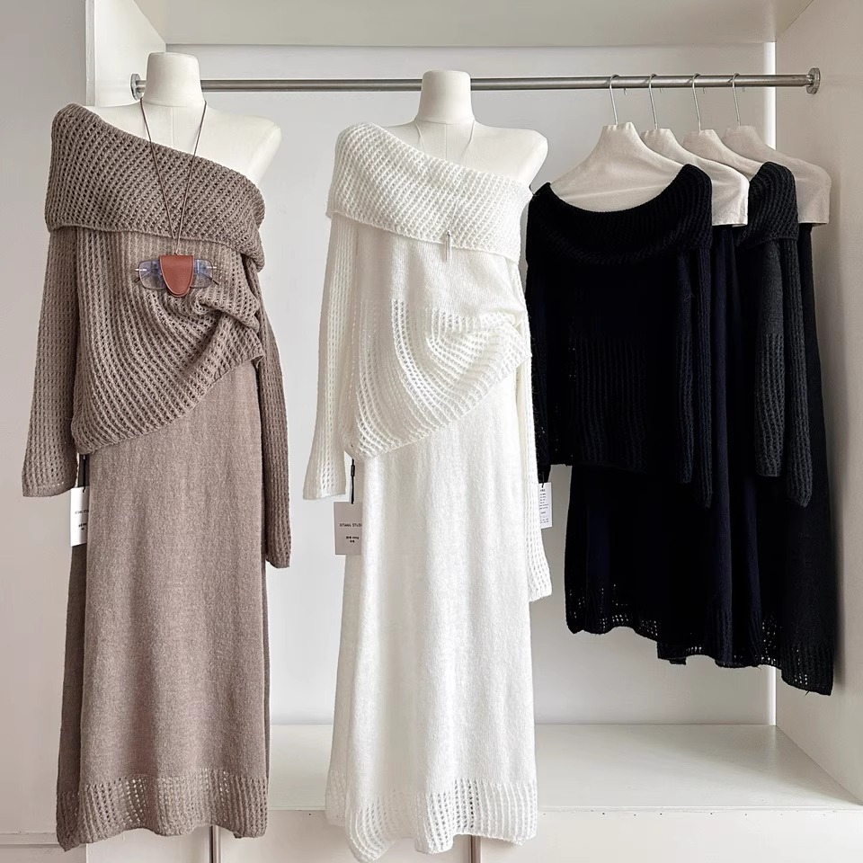 露肩镂空微透毛衣针织衫+半身裙