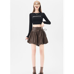 设计感咖色PU皮裙裤女2026春季新款高腰显瘦系带梨形花苞半身裙潮