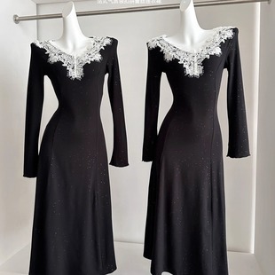 法式高级加绒黑色细闪连衣裙秋冬蕾丝拼接气质收腰年会礼服长裙子