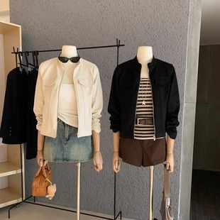 美式正肩立领长袖短款外套女秋初冬修身高级感夹克绝美巨好看上衣