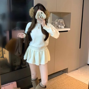 江浙沪千金穿搭白色长袖 针织连衣裙女秋冬显瘦别致减龄毛衣短裙