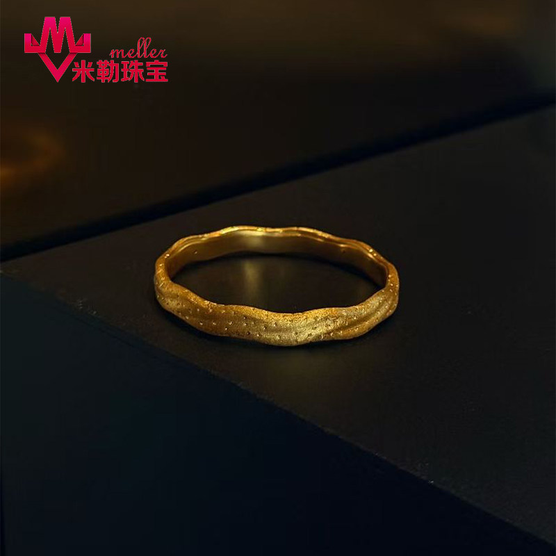 999足金锤纹波浪手镯5D硬金空心黄金镯子小众高级素圈送女友礼物图片
