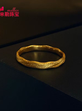 999足金锤纹波浪手镯5D硬金空心黄金镯子小众高级素圈送女友礼物