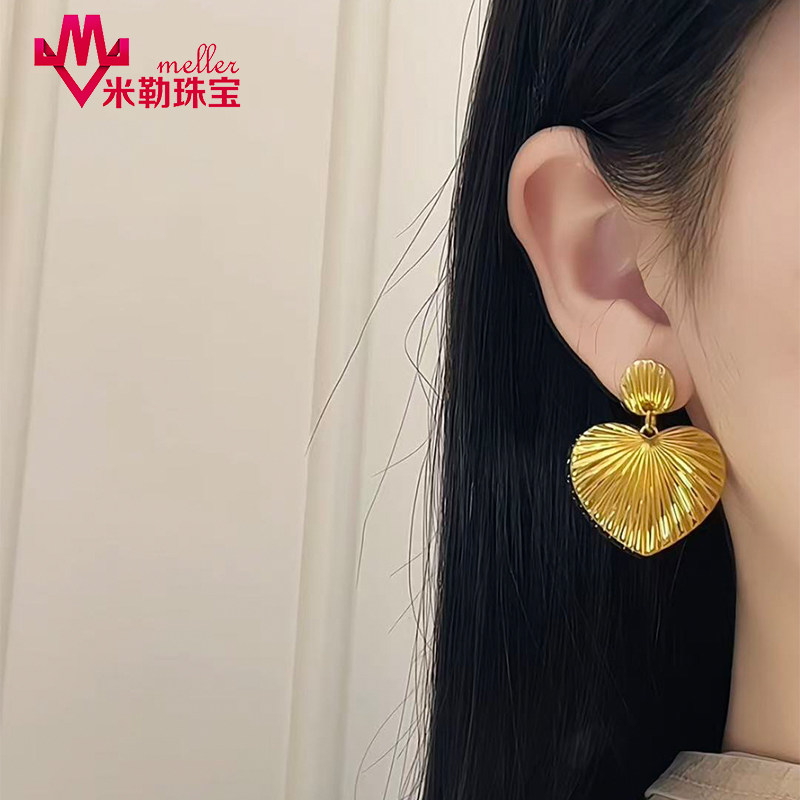 5D硬金条纹爱心黄金耳钉女999足金光面大爱心耳饰纯金送女友礼物