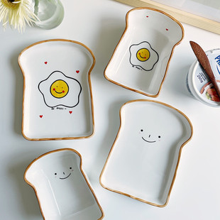 清仓。ins可爱陶瓷吐司盘手绘描边面包土司盘早餐碗早餐盘子
