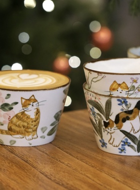 花间树里。景德镇手作手绘釉下彩猫咪杯咖啡杯拿铁拉花杯茶马克杯