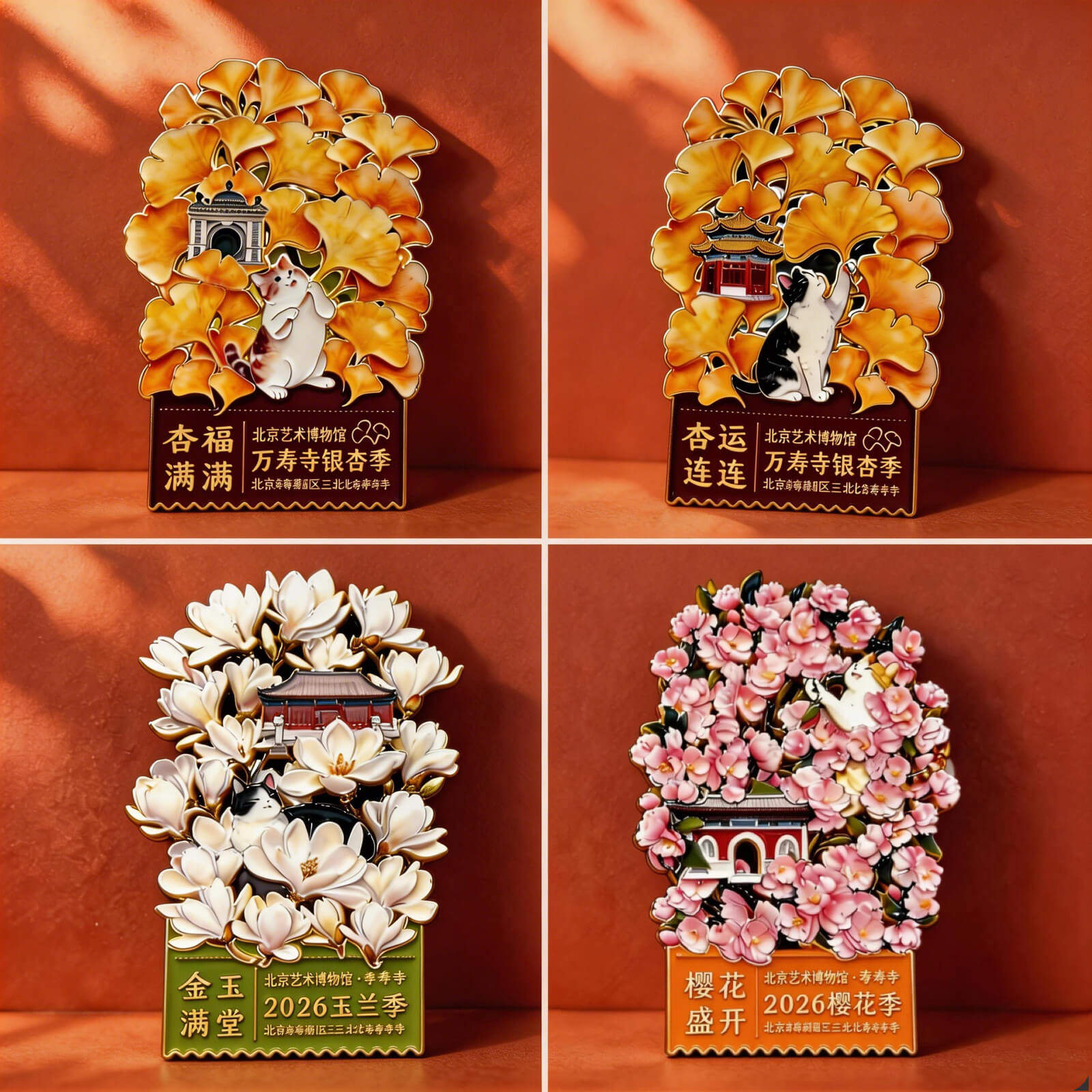 万寿寺银杏季冰箱贴纪念玉兰花小猫咪北京艺术博物馆文创礼物正品