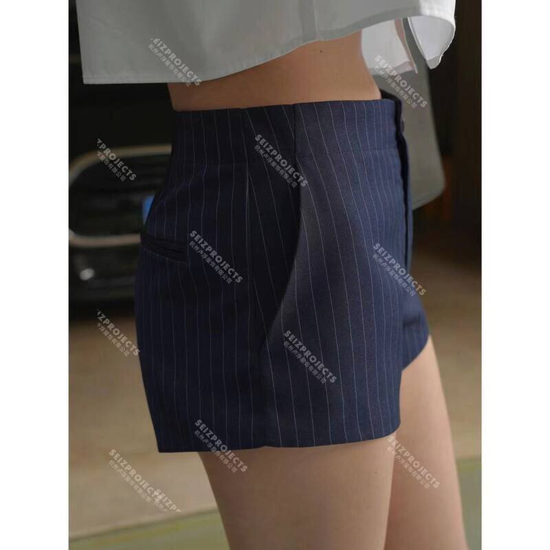 夏季新款巴黎通勤复古条纹包臀热裤修身显瘦休闲短裤女
