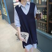 春秋气质百搭藏蓝色中长款 V领羊绒马甲背心女针织外穿毛衣裙坎肩