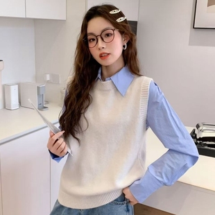 极简风宽松短款白色圆领羊绒马甲背心女春秋冬季针织外穿毛衣坎肩
