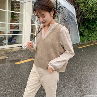 23春秋新款百搭宽松超短款V领羊绒线马甲背心女针织外穿毛衣马夹