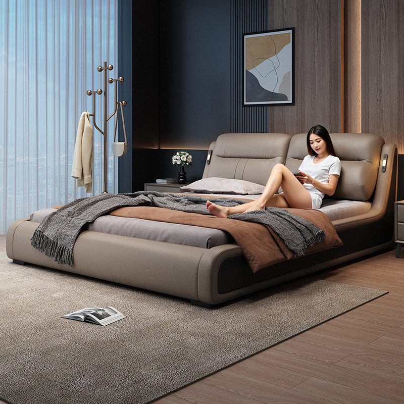 佐慕真皮床现代简约2米x2米2主卧大床多功能软包双人婚床2025新款