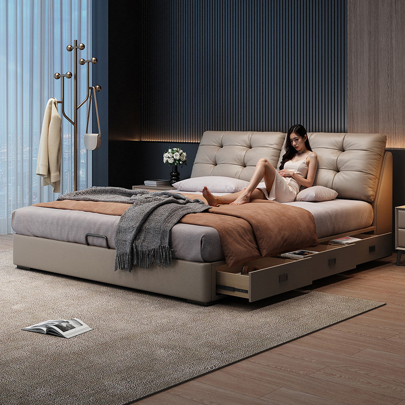 真皮床带储物空间现代简约抽屉床主卧高端大气软包双人床2025新款