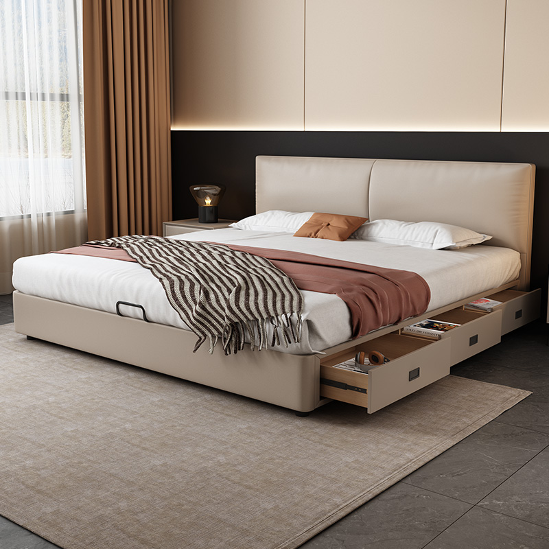 佐慕意式极简抽屉储物实木皮床