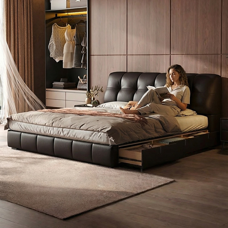 政府补贴佐慕真皮床泡芙意式软包主卧室大床2米x2米黑色现代轻奢